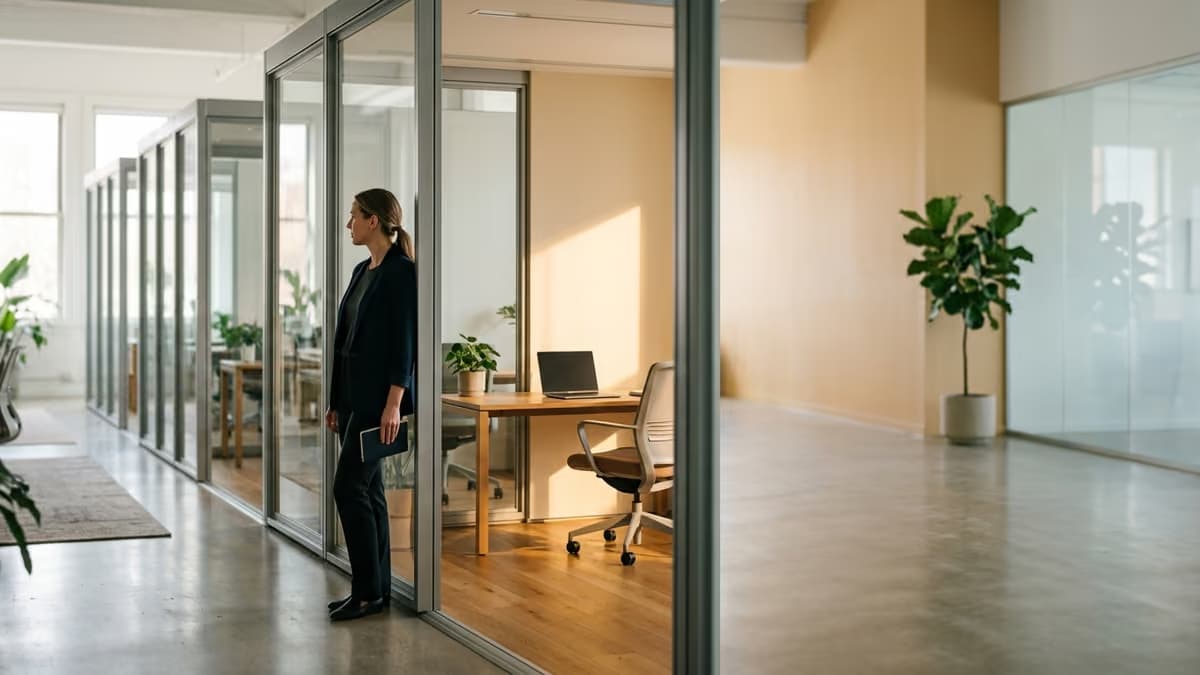 A business owner standing at the entrance of one sunlit unit in a row of identical glass-partitioned office units