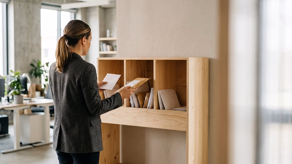 Business professional sorting envelopes and small parcels into three separate mailroom compartments