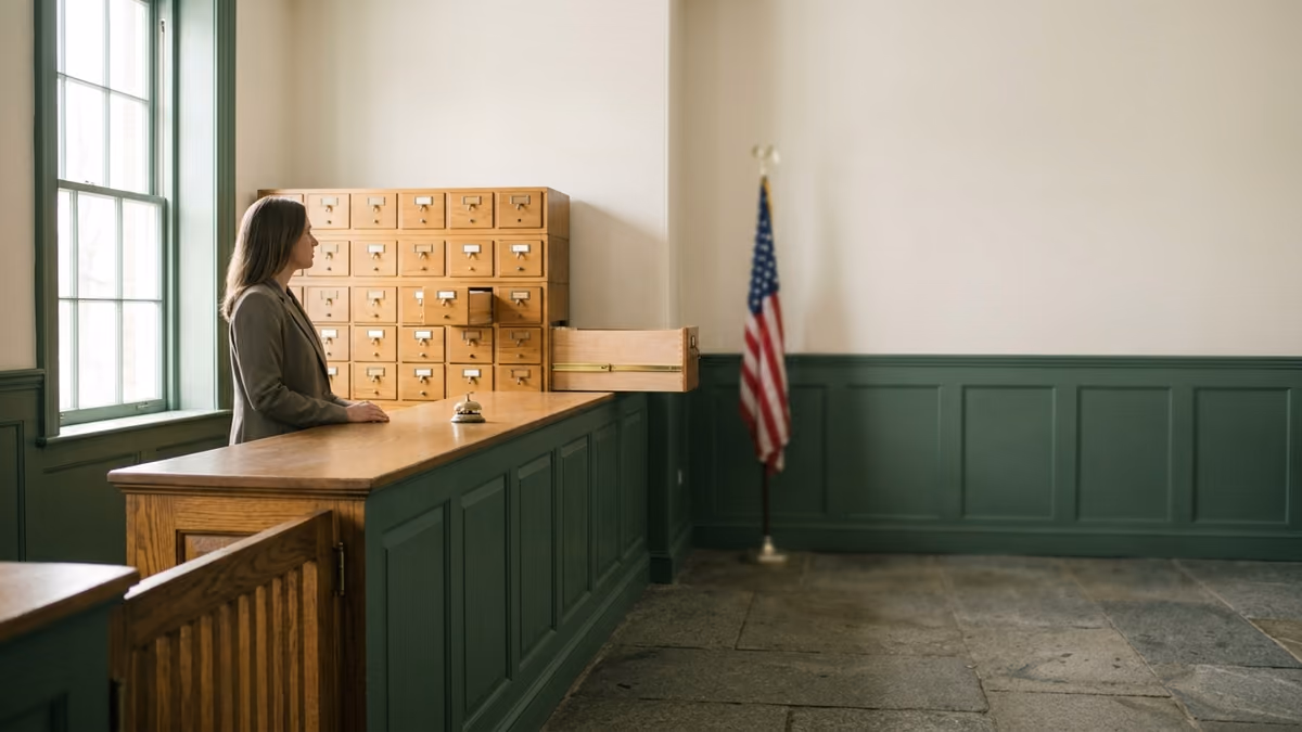 A quiet town hall counter with painted wainscoting and a bank of wooden index drawers, one pulled half open, as a person stands at the counter in soft window light