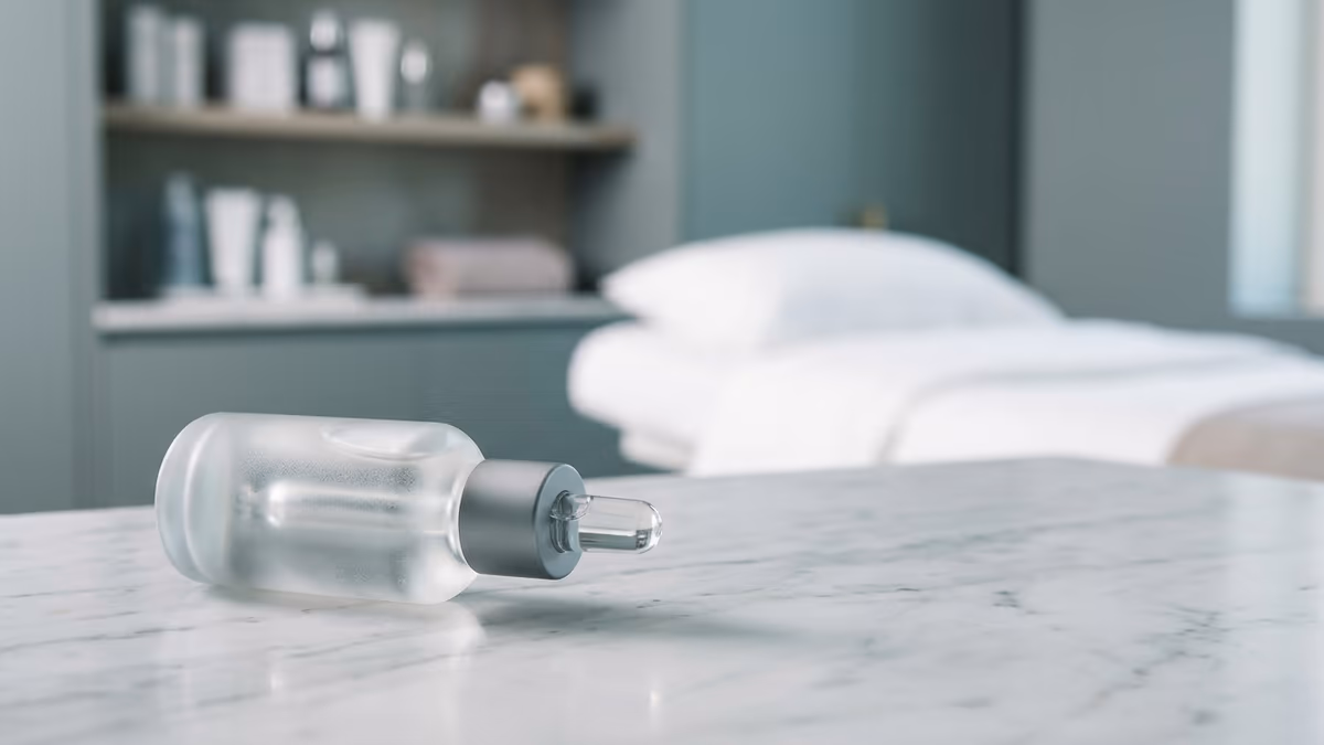 A frosted-glass skincare dropper bottle on a clean marble surface in a modern med spa treatment room
