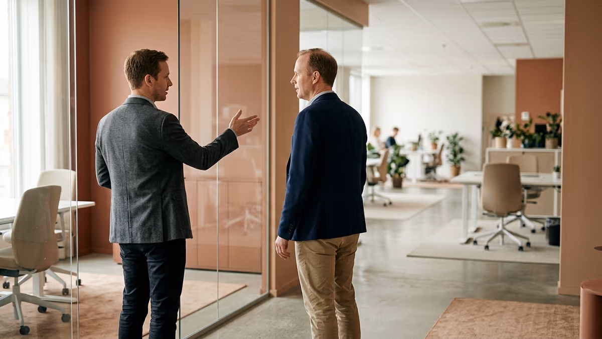 Two business professionals talking beside a glass partition in a modern office, seen from behind, deciding who will run the company day to day.
