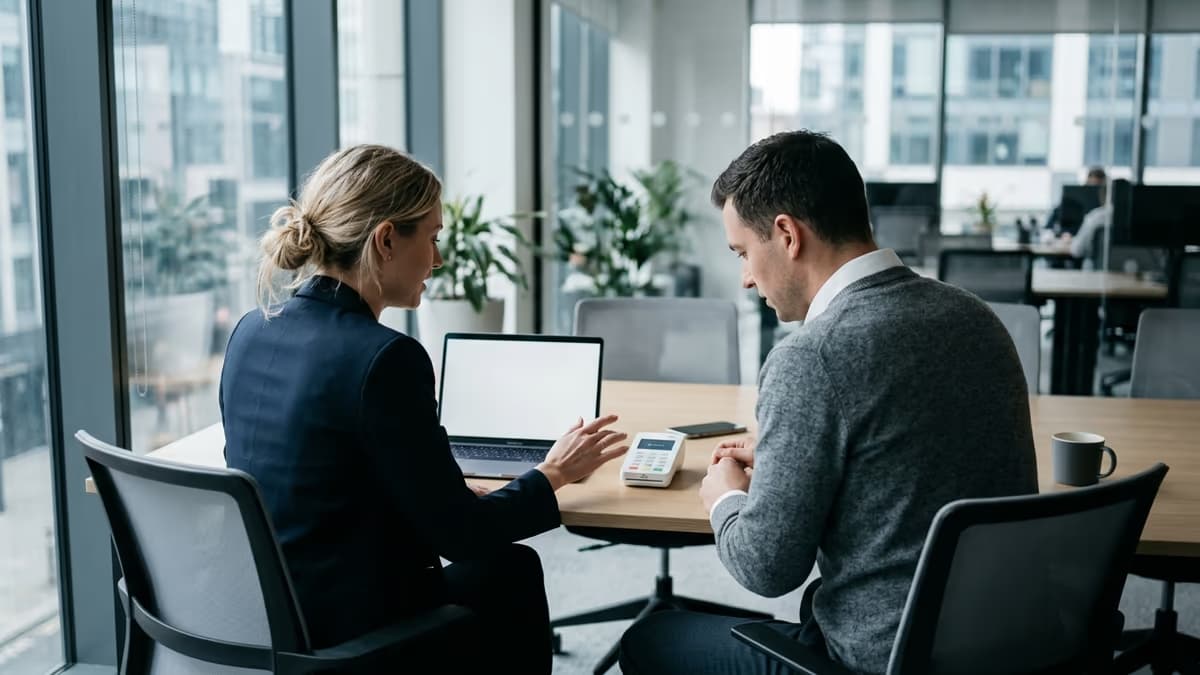 Two business professionals collaborating at a modern table with a contactless card payment terminal and a laptop, discussing how a payment and its tax liability are handled.