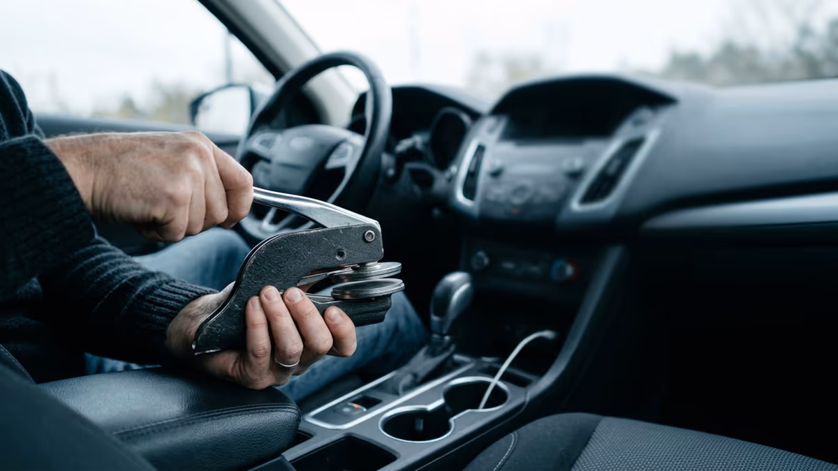 Hands holding a blank notary embosser inside a car, representing a mobile notary business run without a storefront