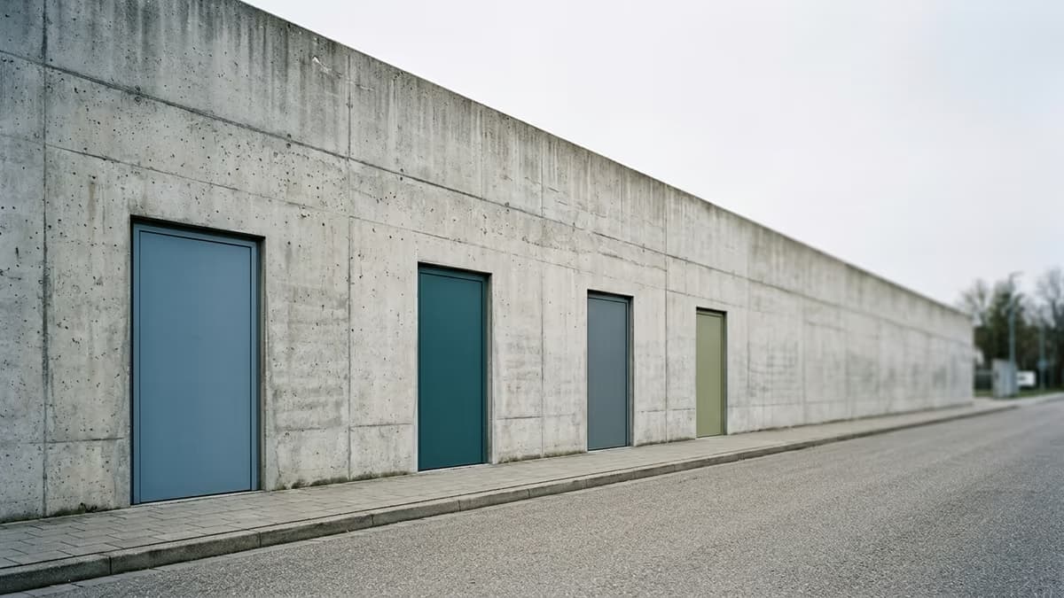 Four differently colored doors set into one continuous concrete facade, showing separate entrances that all belong to a single building.