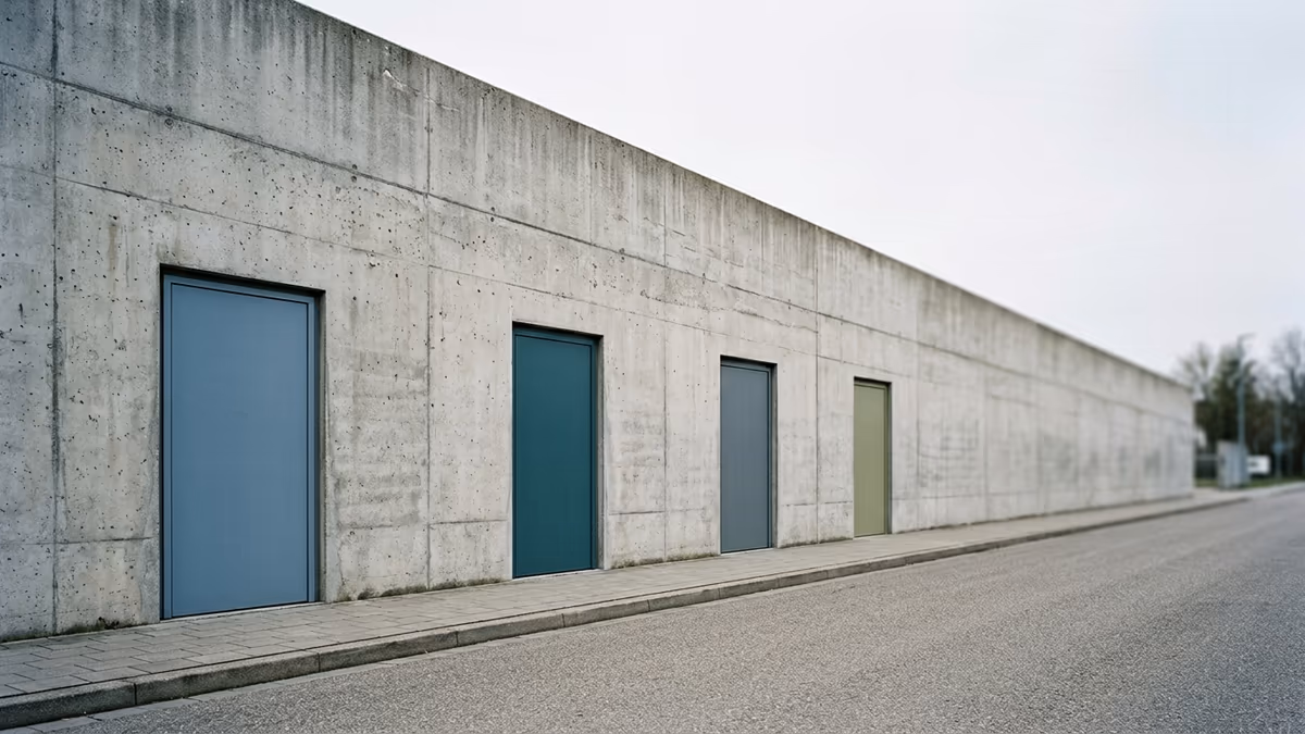 Four differently colored doors set into one continuous concrete facade, showing separate entrances that all belong to a single building.