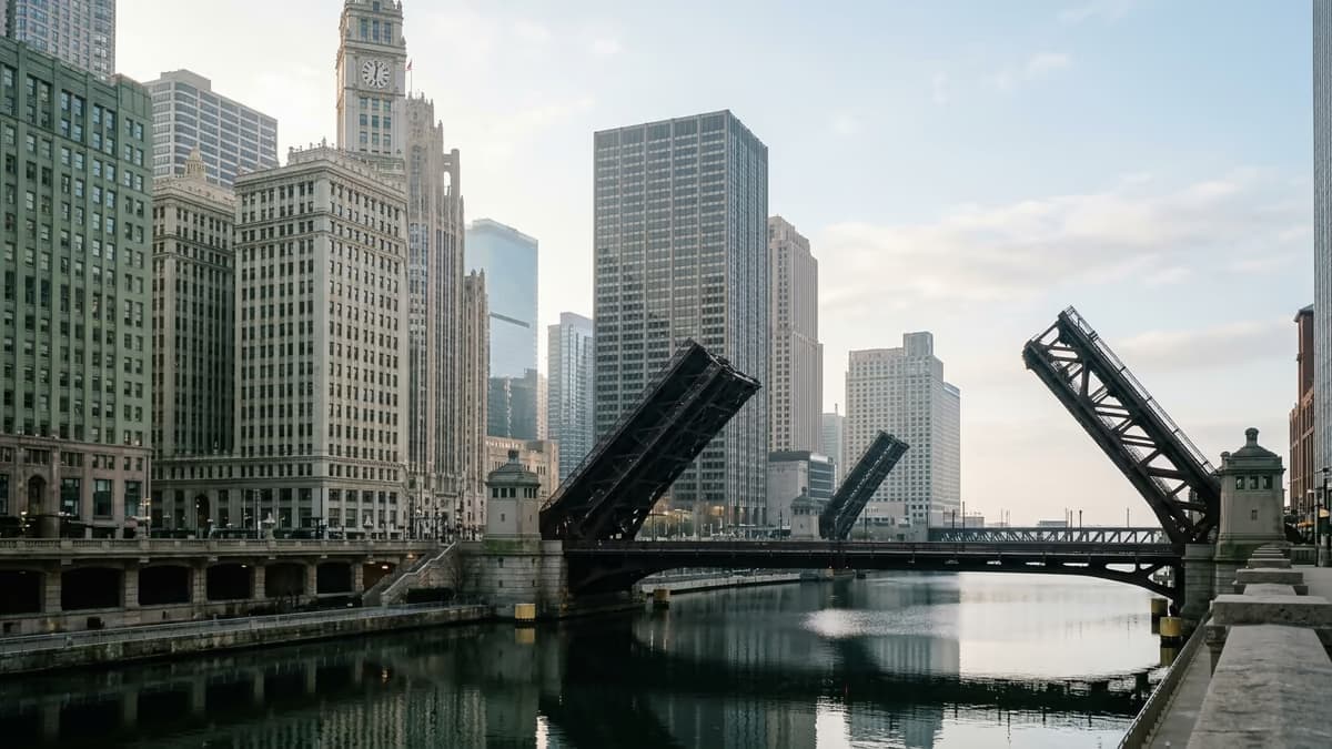 Steel bascule bridges over a calm city river at early morning with mid-rise towers in soft haze