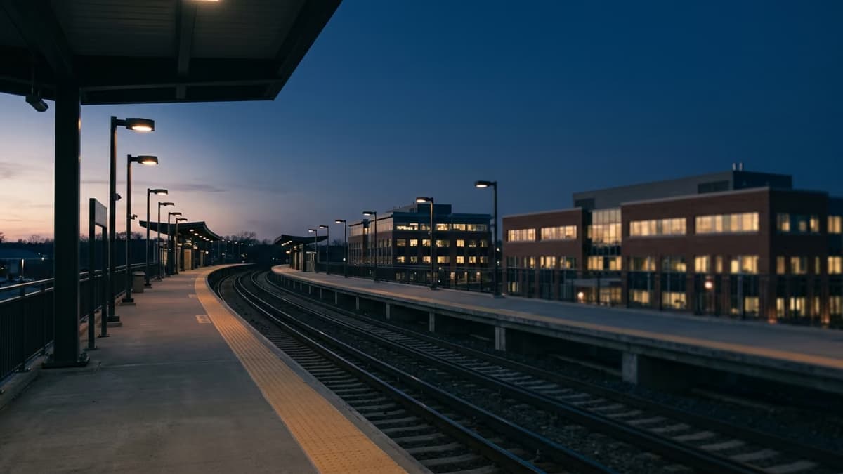 An empty commuter train platform at dusk, with lit office windows in the low buildings beyond the tracks