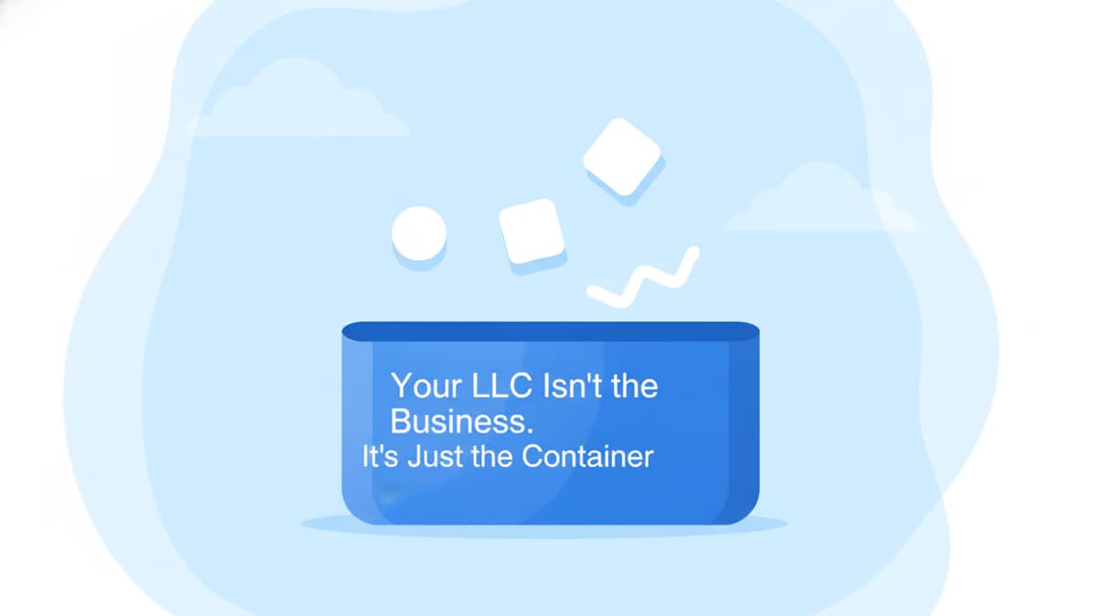 Pale blue illustration of white shapes falling into a large blue container, with the line “Your LLC Isn’t the Business. It’s Just the Container.” printed across it