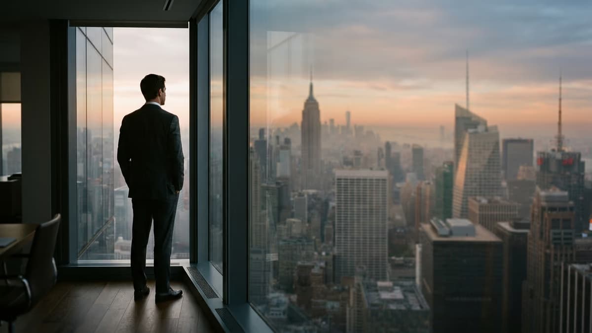 Business professional seen from behind at a high-rise office window overlooking a dense city at dawn