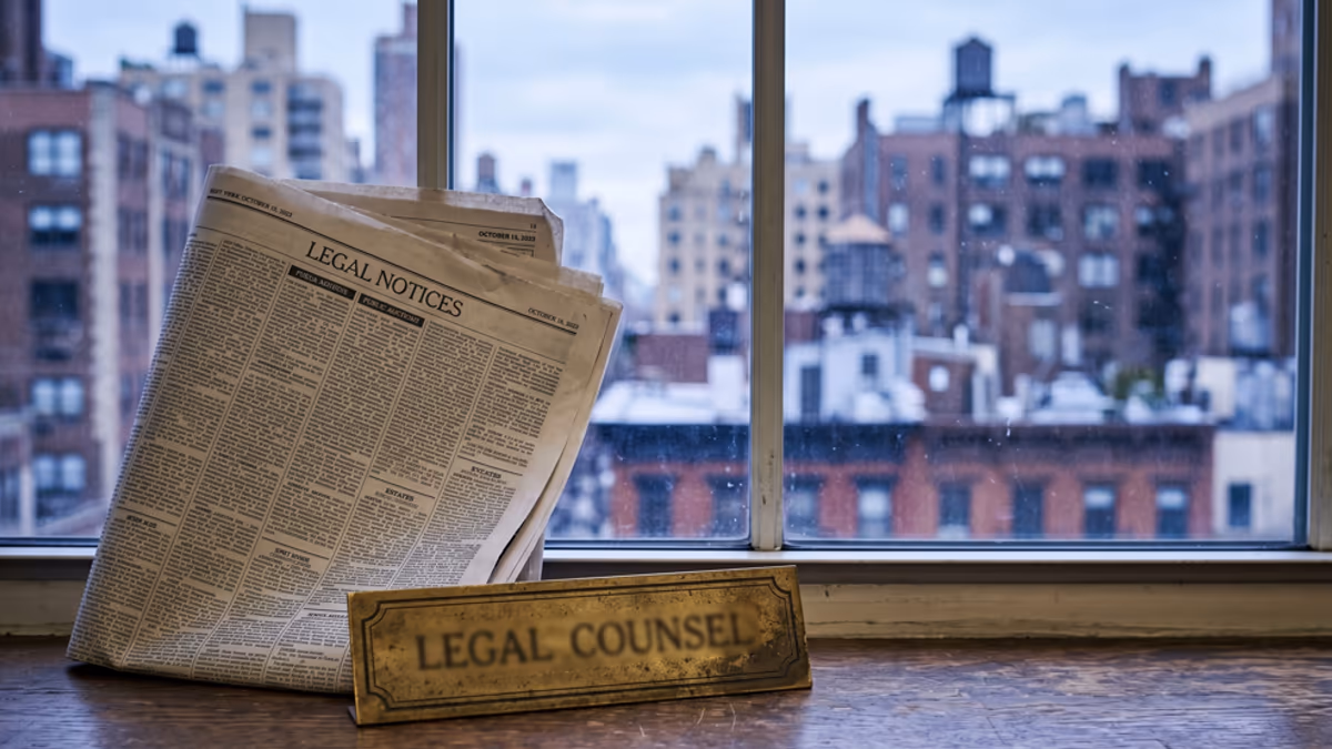 New York newspaper page with a legal LLC formation notice next to a Manhattan business address