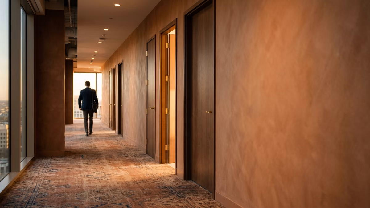A business professional walking down a warm sunlit corridor of a working office building, passing a row of unmarked doors with only two slightly ajar