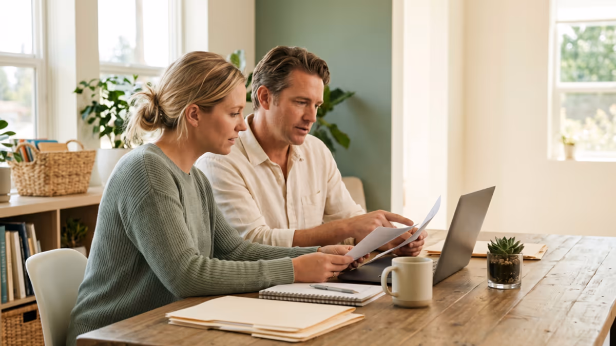 Nonprofit founder reviewing incorporation and IRS paperwork at a desk in a bright office