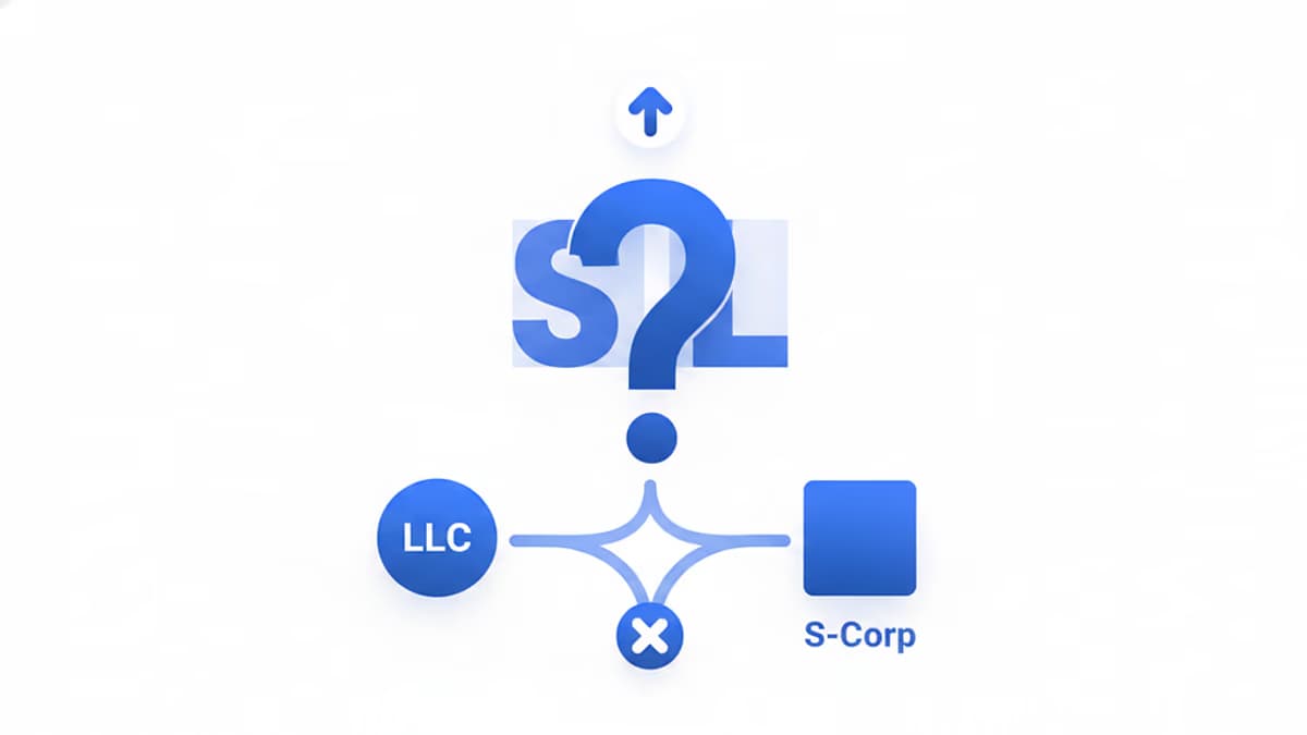 Blue diagram on a white background showing an LLC circle and an S-corp square joined by a crossed-out line, with a question mark above them