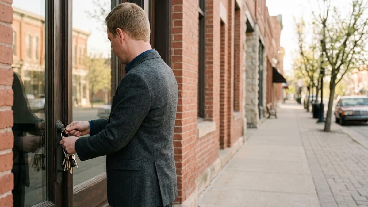 A business owner unlocking the glass door of a small brick-front office on a quiet small-town street in early morning light