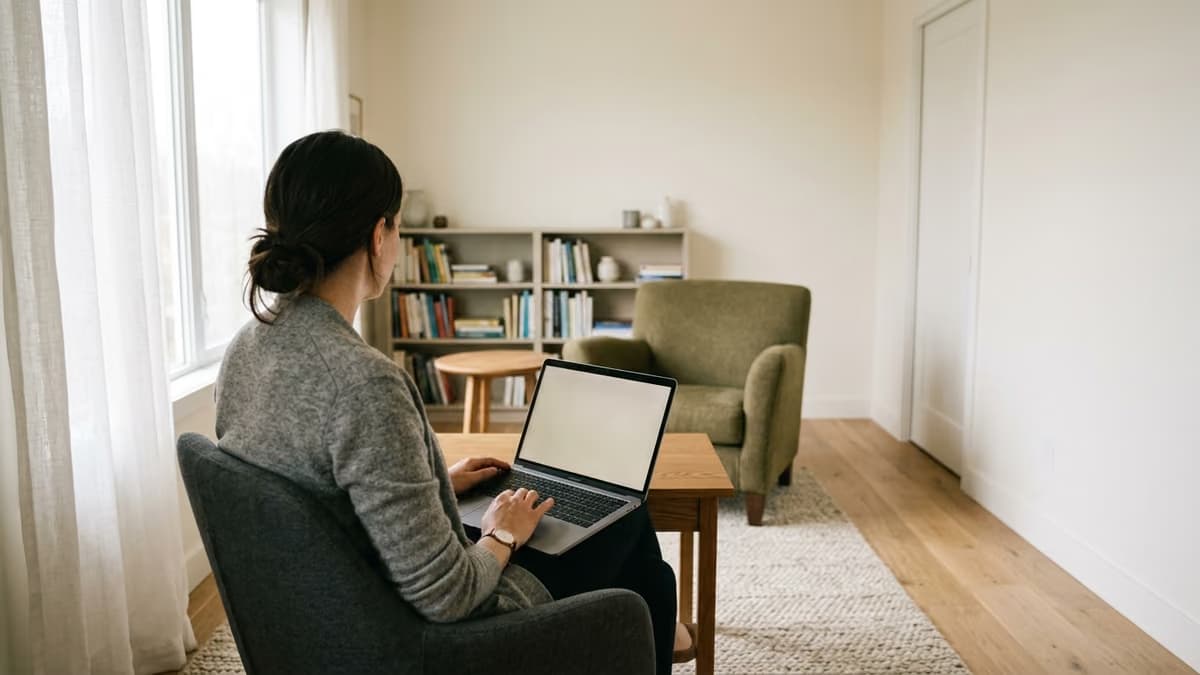 A home-based healthcare provider seated with a laptop in a quiet consultation room set up inside a house, viewed from behind