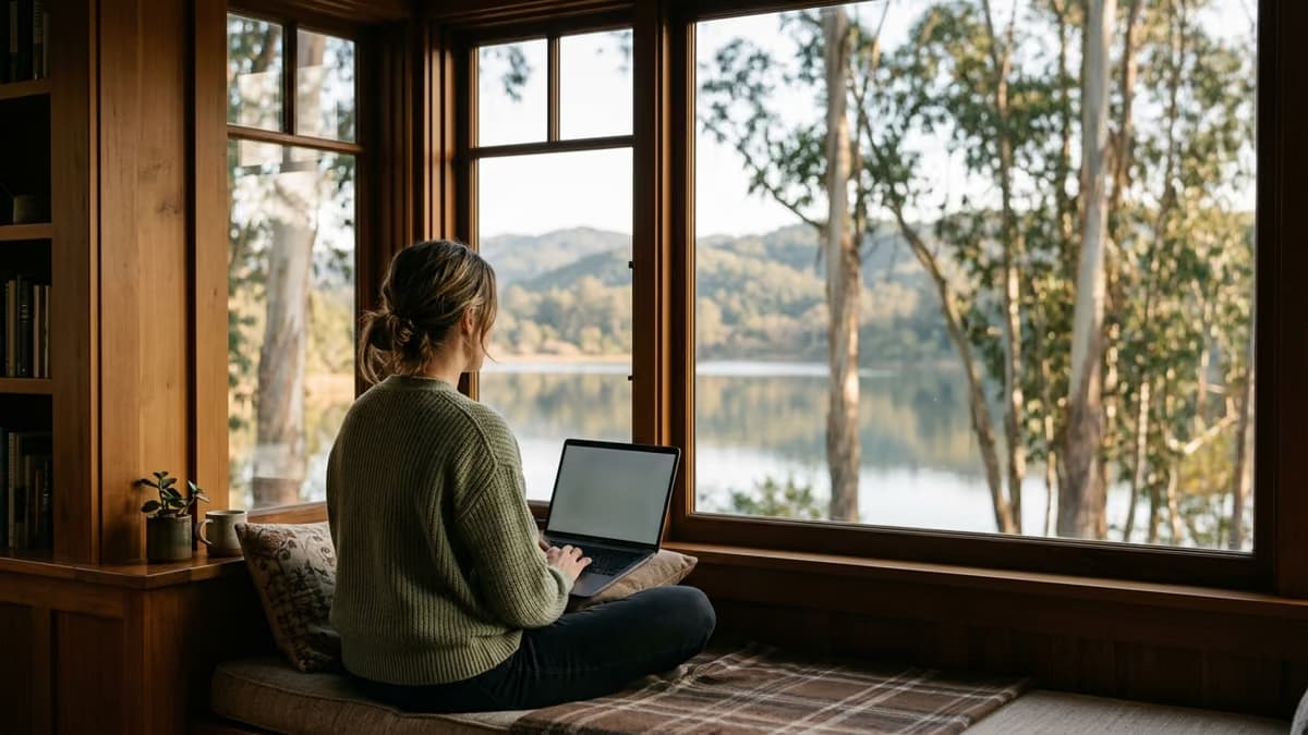 A woman working on a laptop at a bay window seat in a wood-paneled craftsman house overlooking a lake and trees