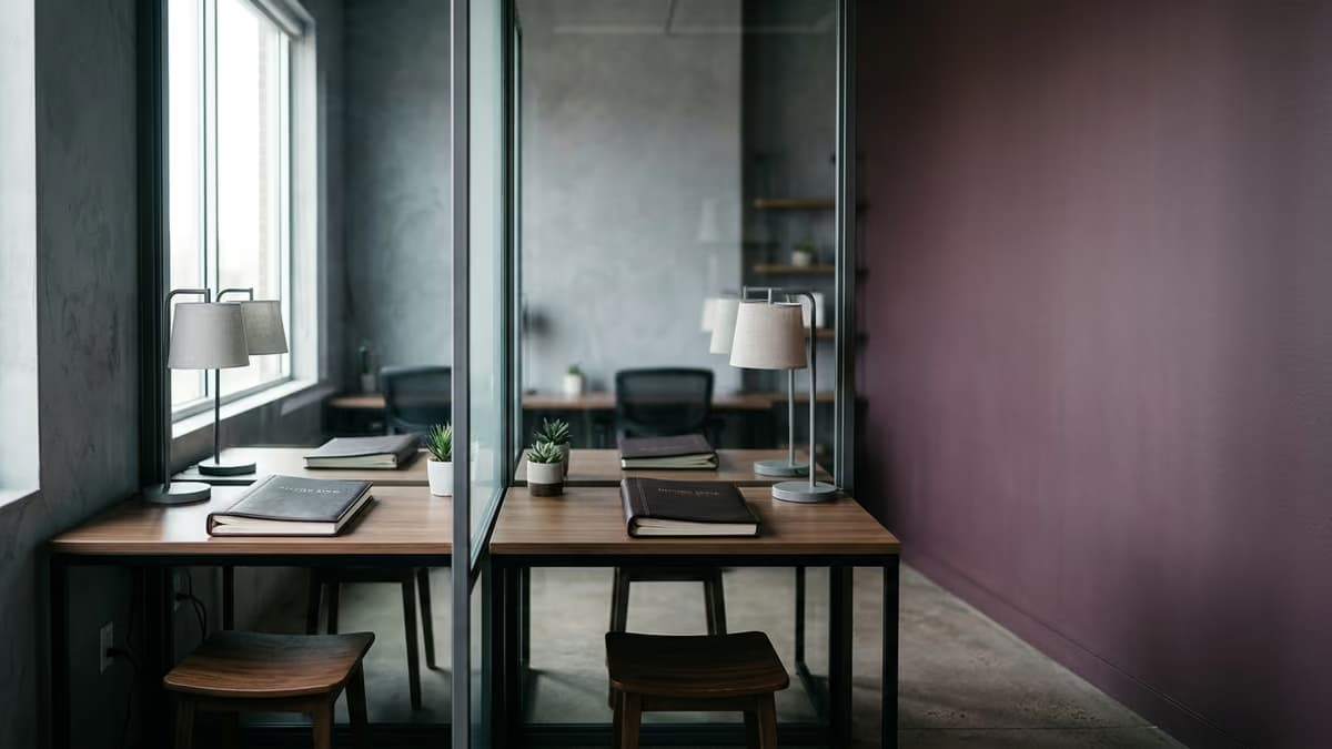 Two office desks separated by a glass partition, each with its own closed record book