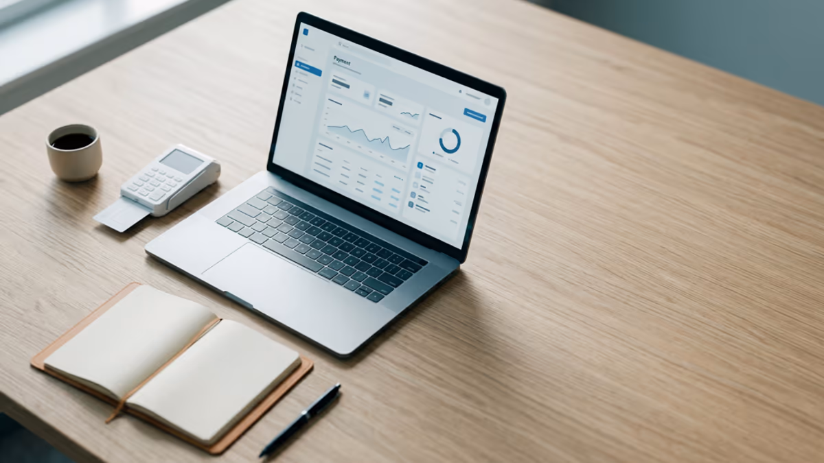 Modern desk with a laptop showing a payment dashboard, a card reader terminal, and an open notebook, lit by cool natural light