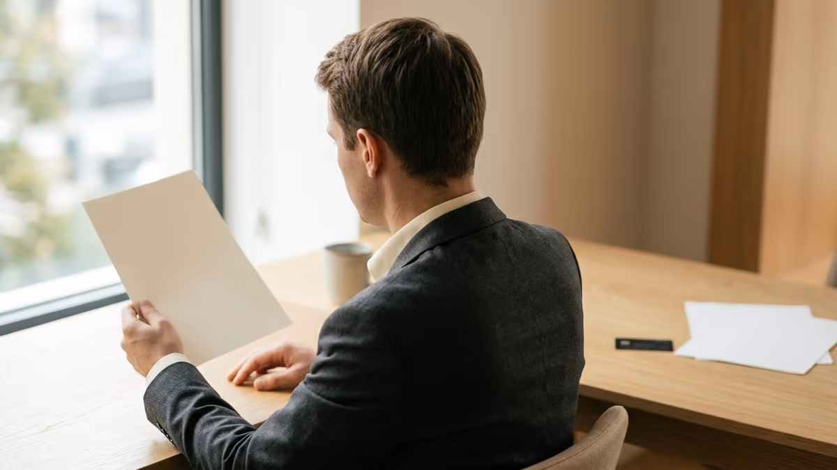 A business professional seen from behind reviewing a document at a bright desk by a window, representing verifying a business payment account