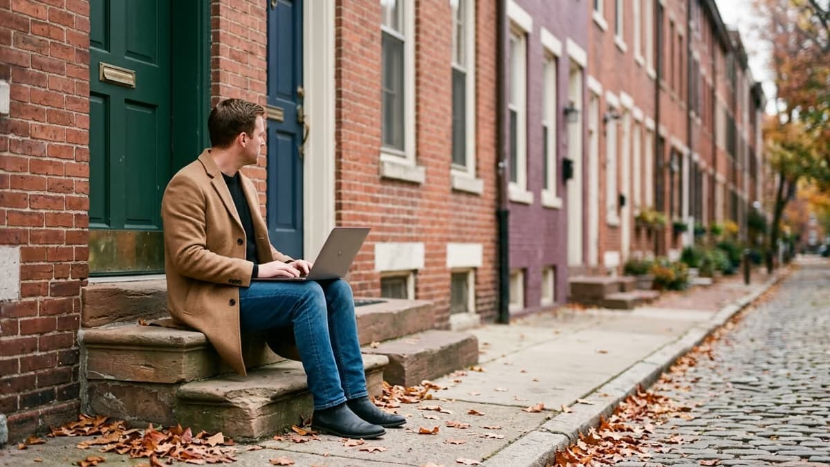 A man in an overcoat working on a laptop on the stone steps of a brick rowhouse on an autumn street