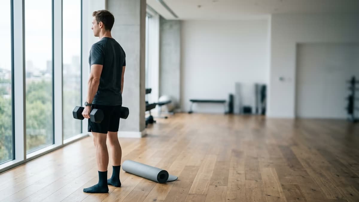 A personal trainer holding a dumbbell beside a rolled mat in a bright studio with a large window, viewed from the side