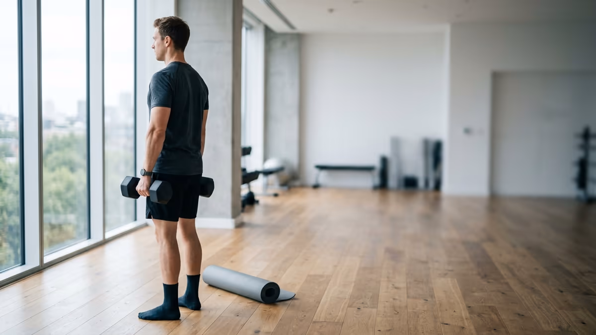 A personal trainer holding a dumbbell beside a rolled mat in a bright studio with a large window, viewed from the side