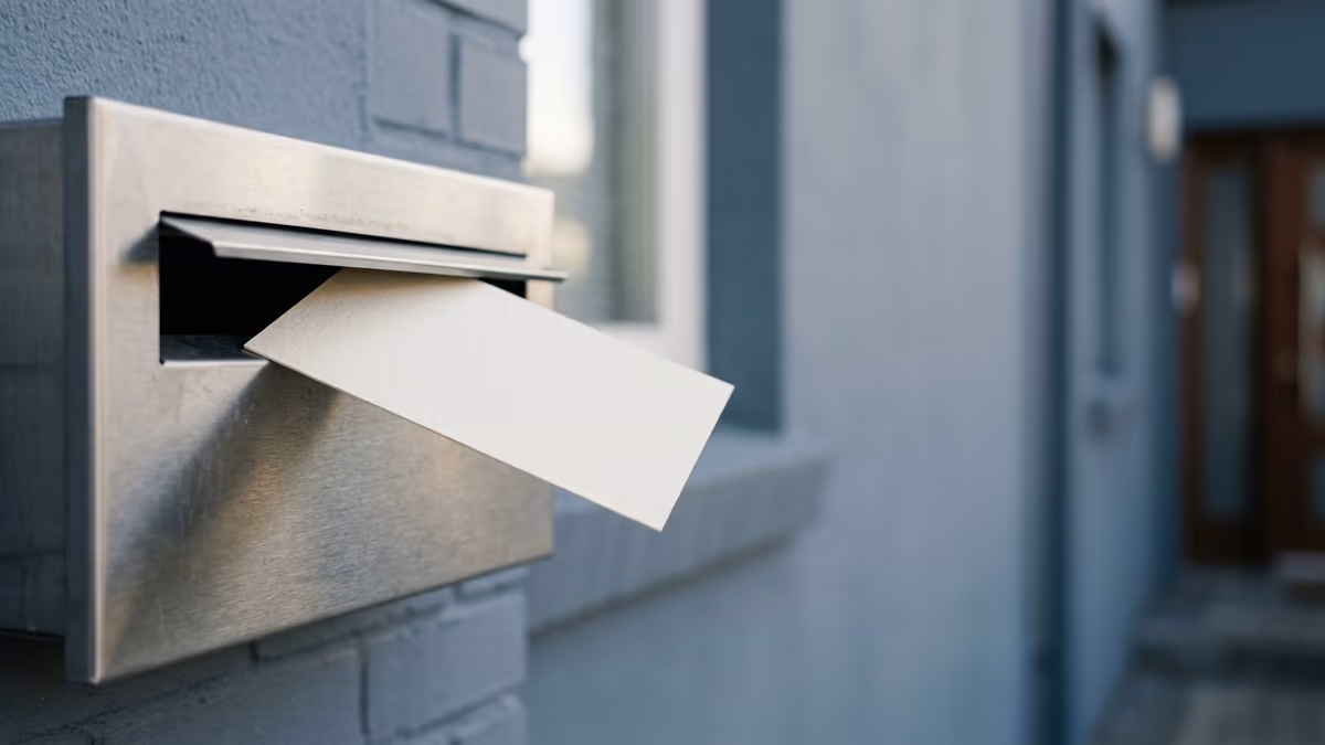 A verification postcard arriving in a mailbox, representing platform address confirmation by mail
