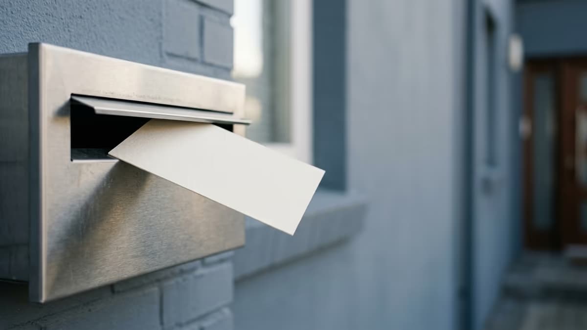 A verification postcard arriving in a mailbox, representing platform address confirmation by mail