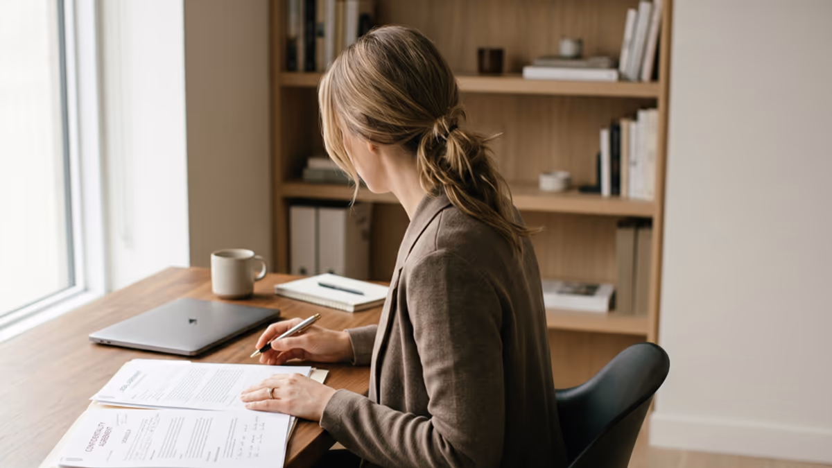 A business professional working at a modern minimalist office desk with a laptop, papers, and a coffee mug, viewed from the side with no face visible, soft natural window light, warm beige and brown color palette, editorial blog hero composition