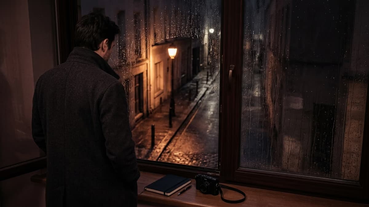 A man in a dark coat seen from behind at a rain-streaked office window at night, a notebook and camera resting on the sill