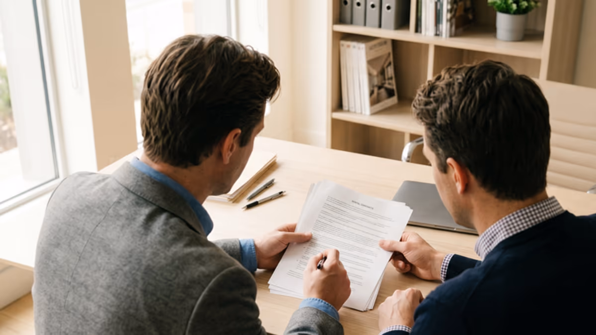 Two business professionals reviewing rental contracts at a sunlit desk in a modern leasing office with bookshelves and warm natural light, editorial composition with no faces visible