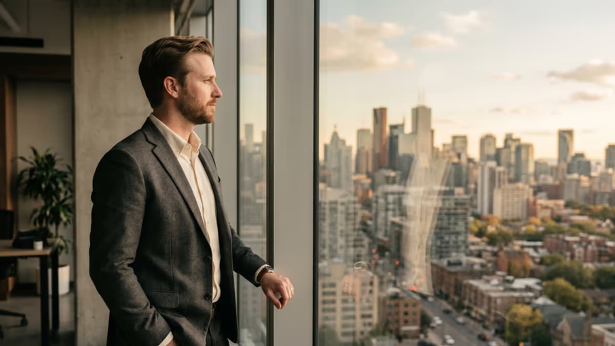 Side profile of a business professional standing by a large office window in warm afternoon light, looking out over a city, modern minimalist interior, no face toward the camera, editorial composition with negative space on the right