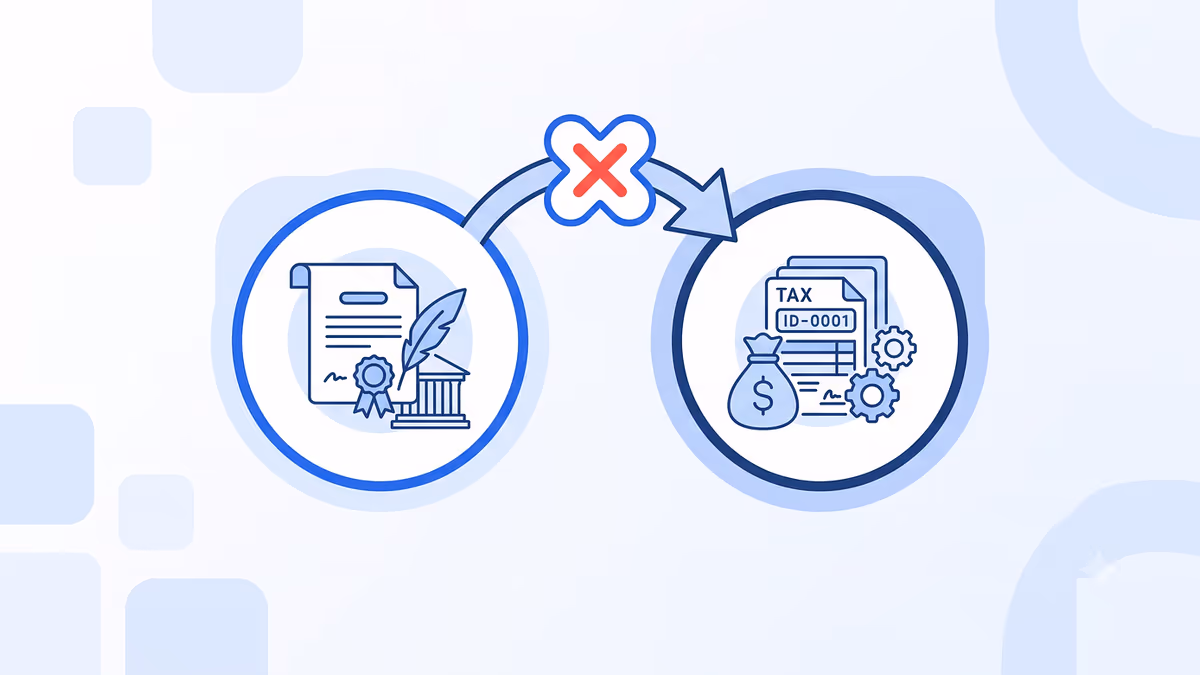 A blue line illustration with a legal document, quill, and government building on the left, a red X, and an arrow pointing to a tax ID document with a money bag on the right, showing that a registered agent does not get you an EIN.