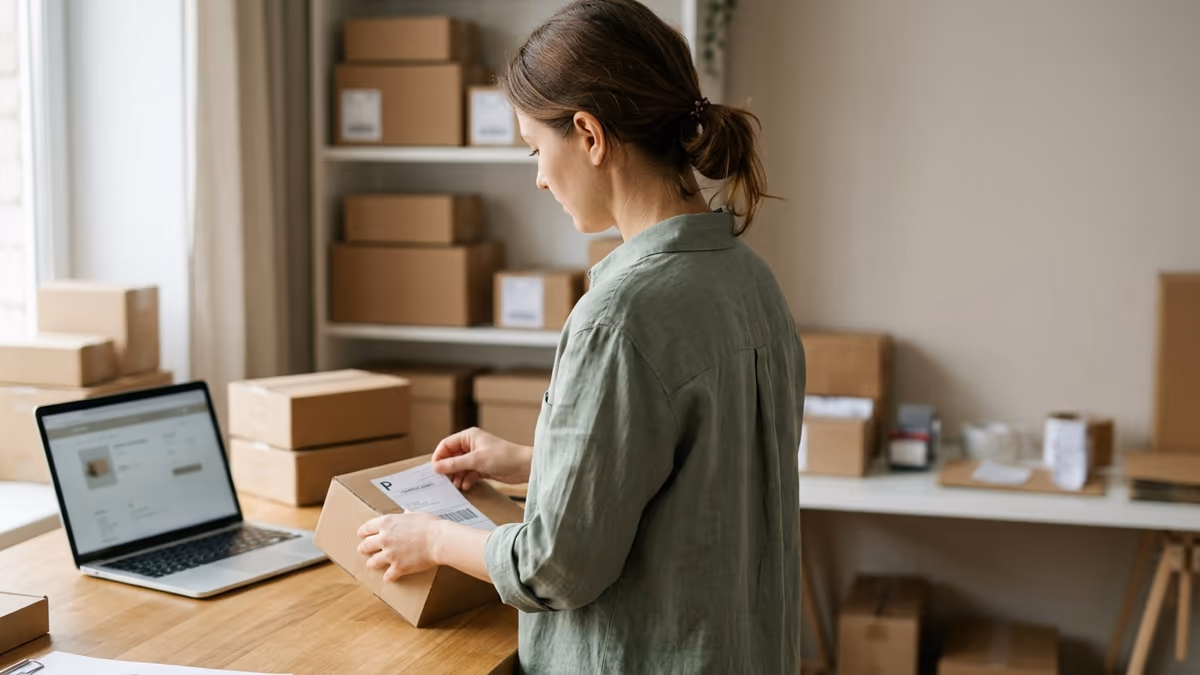 An online seller in side profile applying a shipping label to a parcel at a home fulfillment corner, with shelves of stacked shipping boxes and a laptop nearby.