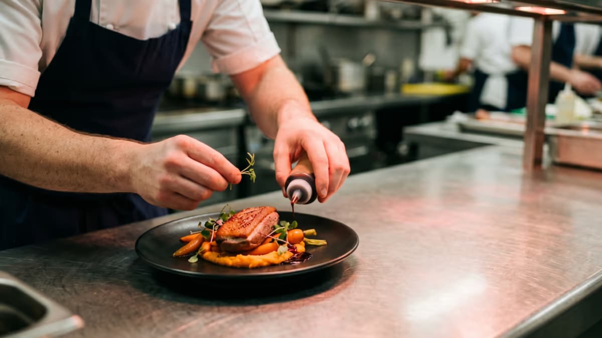 Commercial restaurant kitchen with stainless steel prep stations and a chef plating food