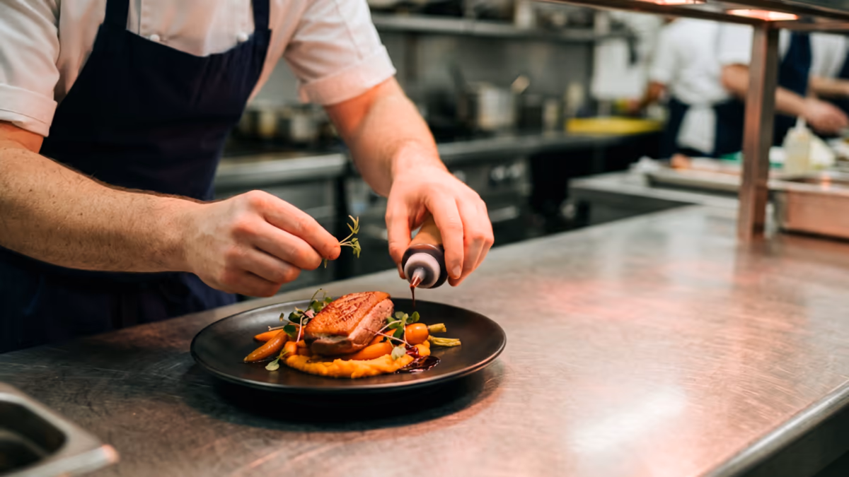 Commercial restaurant kitchen with stainless steel prep stations and a chef plating food