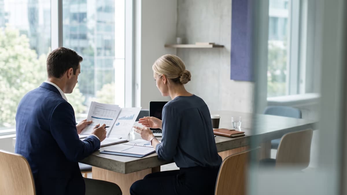 Two business professionals reviewing financial documents at a modern minimalist office meeting room table, viewed from behind with no faces visible, soft natural window light, muted indigo and steel blue color palette, editorial blog hero composition
