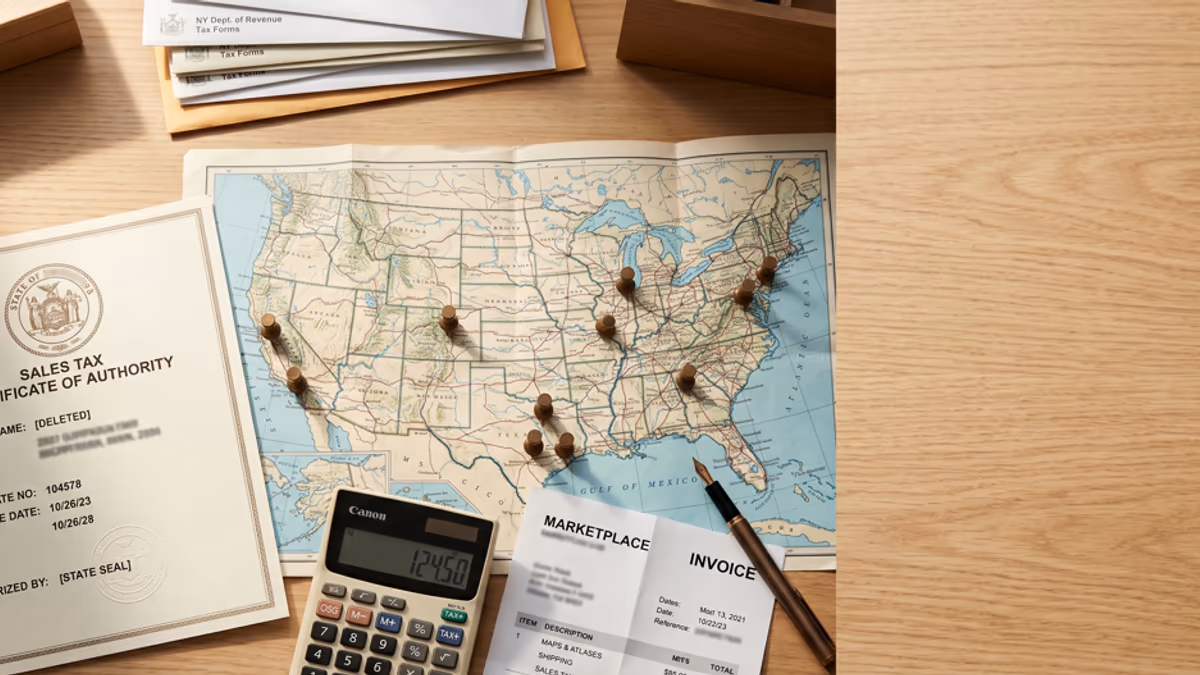 A US map with six cities highlighted, a Sales Tax Certificate of Authority document, and a calculator on a desk under warm light, suggesting multi-state sales tax permit registration with a virtual office address