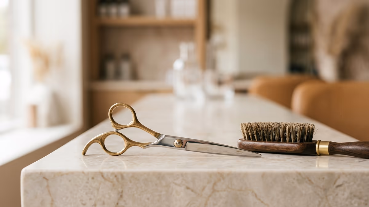 Close-up of professional hairdressing scissors and styling brushes resting on a marble salon counter