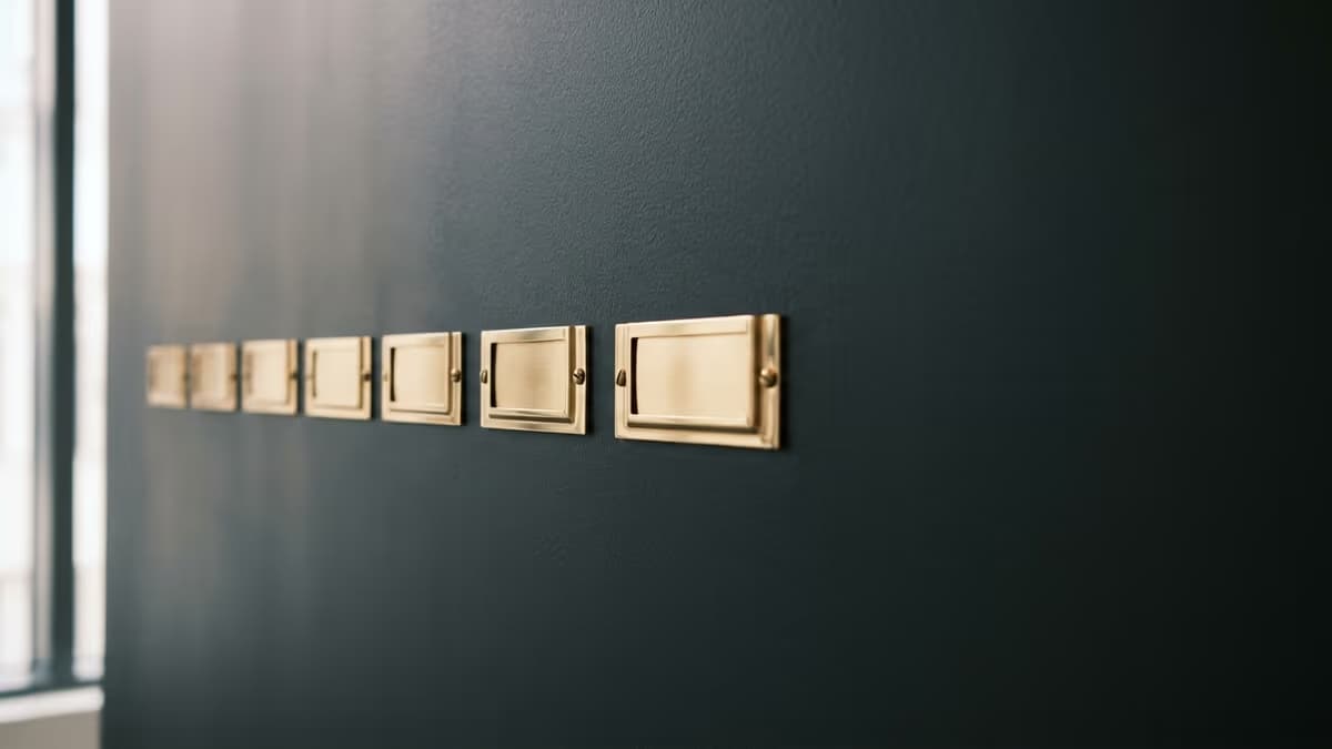 A row of labeled mail slots in an organized mailroom, representing several separate businesses sharing one professional address