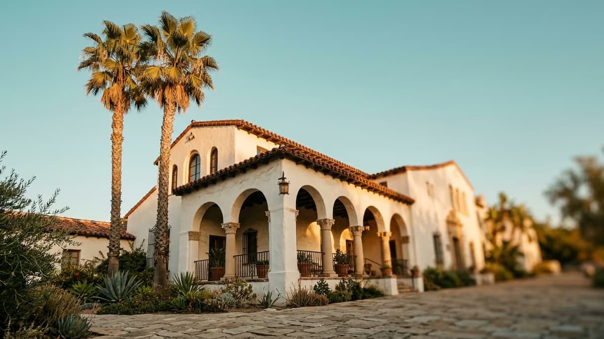 A white stucco building with a red tile roof and arched walkway beside tall palm trees in warm late-afternoon light