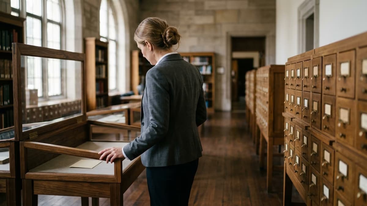 A founder seen from behind standing at an open glass display case in a quiet archive reading room, with tall windows on the left and rows of wooden card catalog cabinets receding on the right