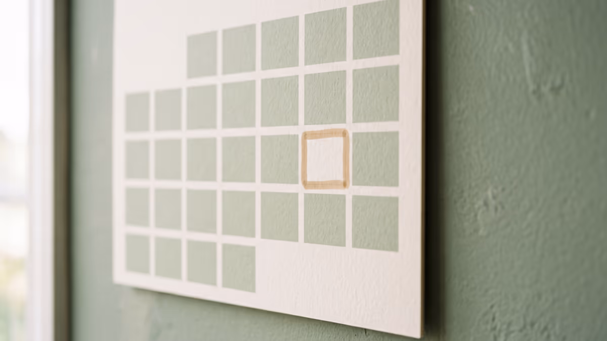 A close-up of a minimalist wall-mounted desk calendar showing a single highlighted thirty-day window, viewed at a slightly elevated angle, soft natural window light, muted sage green and cream color palette, editorial blog hero composition