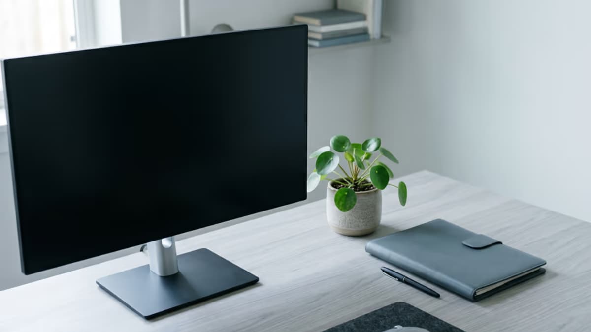 A minimalist modern workspace with a monitor, a small plant, and a closed portfolio on a clean desk in cool muted tones, modern editorial composition with negative space on the right