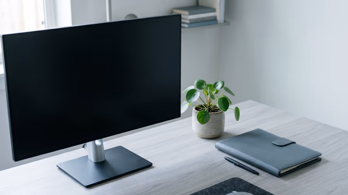 A minimalist modern workspace with a monitor, a small plant, and a closed portfolio on a clean desk in cool muted tones, modern editorial composition with negative space on the right