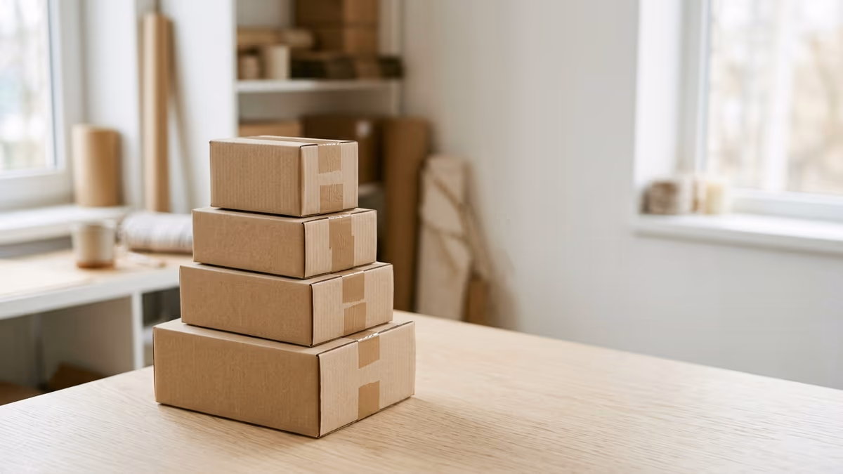 Plain kraft shipping parcels neatly arranged in a bright modern workspace, representing an online store's business operations and shipping address