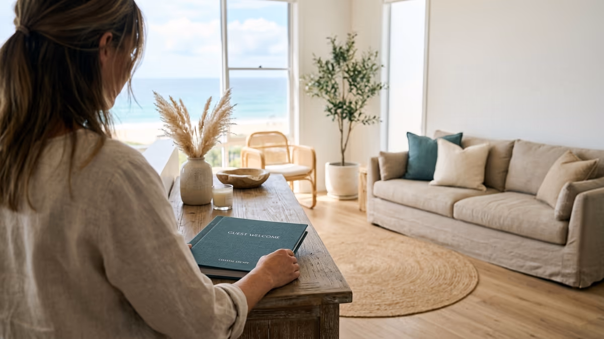 A tidy coastal vacation rental interior with a guest welcome binder on the table, representing a short-term rental run as a registered business
