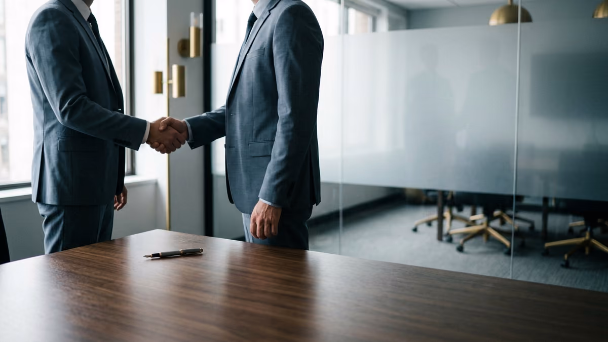 Two business professionals shaking hands across a conference table after agreeing on contract terms