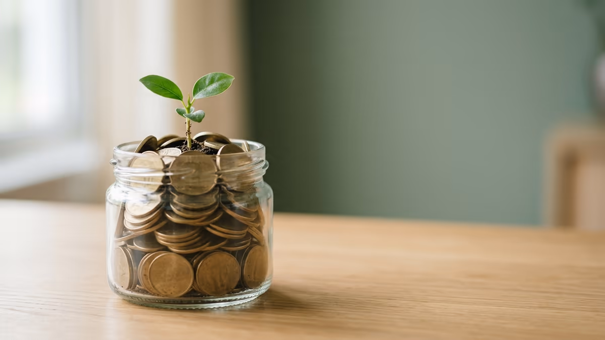 A green seedling growing from a glass jar filled with coins, symbolizing the initial capital contribution that funds a new single-member LLC.