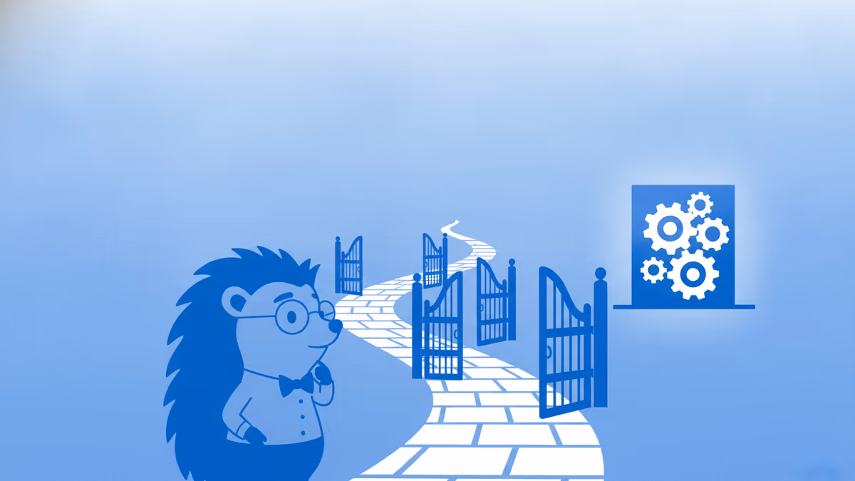 Henry the hedgehog in glasses and a bow tie walking a winding path through a series of open gates toward a panel of gears, representing a back office catching up